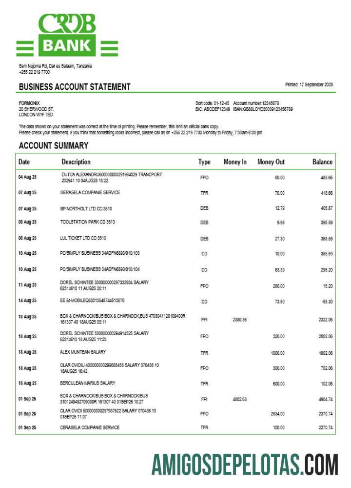 Realista Tanzânia CRDB Company Demonstrativo de conta corrente modelo Word e PDF